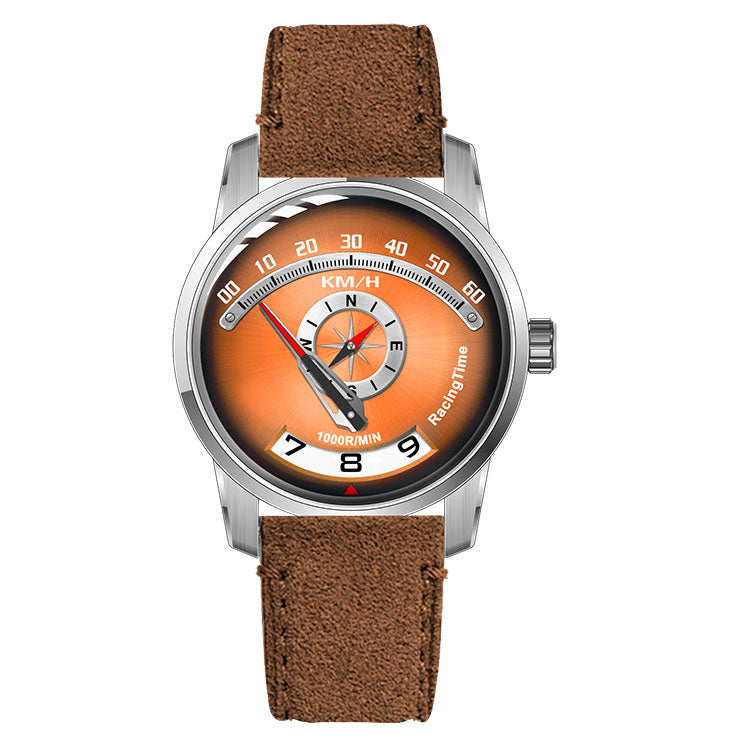 The front of the racing dashboard style mechanical watch is displayed, highlighting the racing sports theme design