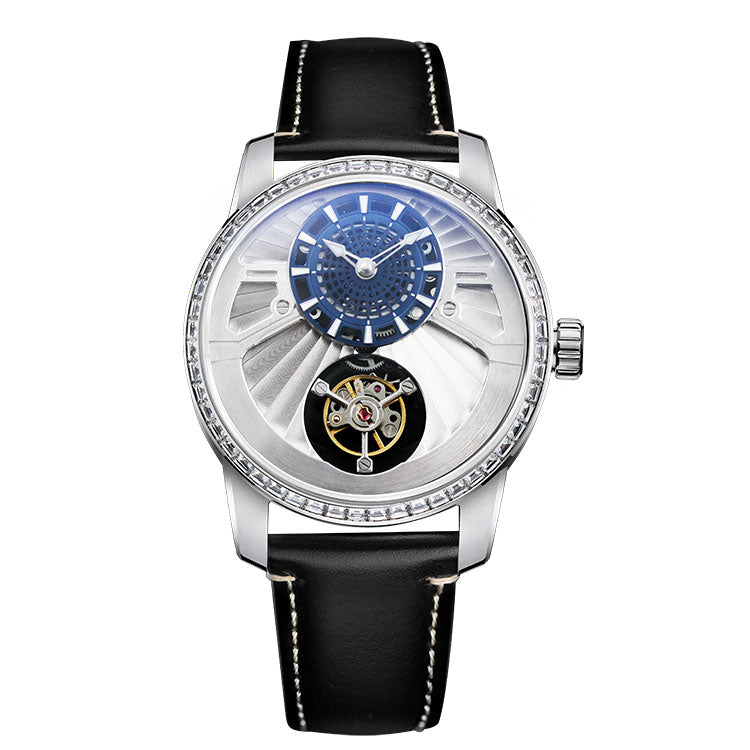 Modern mechanical watch with silver case and black leather strap, telescopic and rotating unique concentric circle dial design